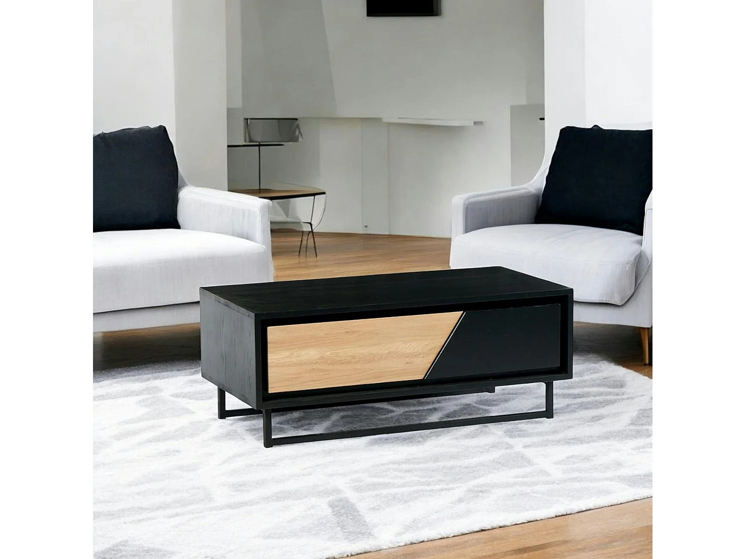 Table basse 1 tiroir bois noir et blanc ANINA