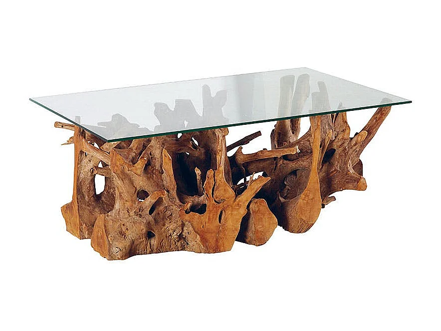 Table basse plateau en verre sur racine de teck ARIZONA