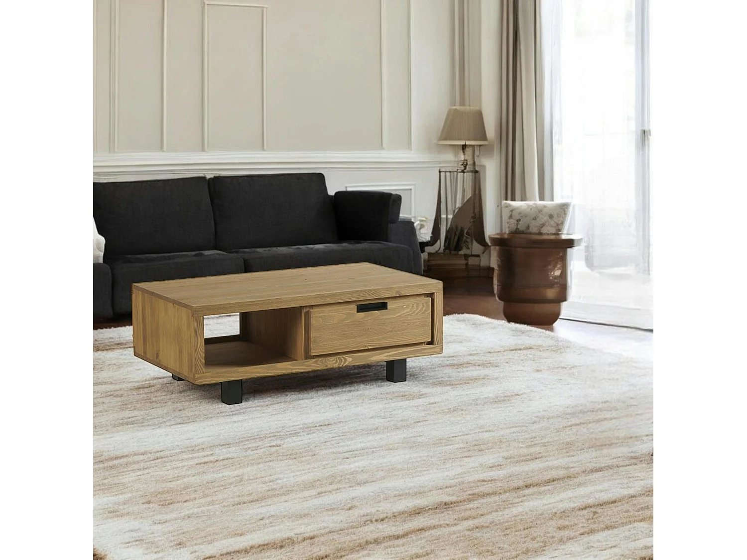 Table de salon pin brossé 1 niche 1 tiroir IASI