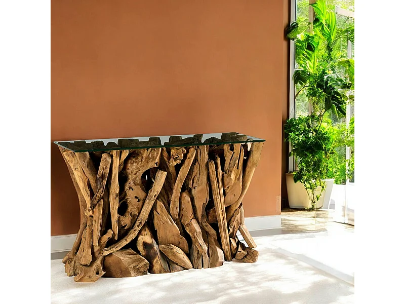 Console plateau en verre sur racine de teck ARIZONA