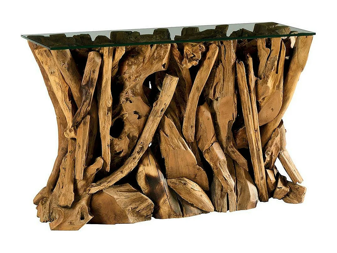 Console plateau en verre sur racine de teck ARIZONA