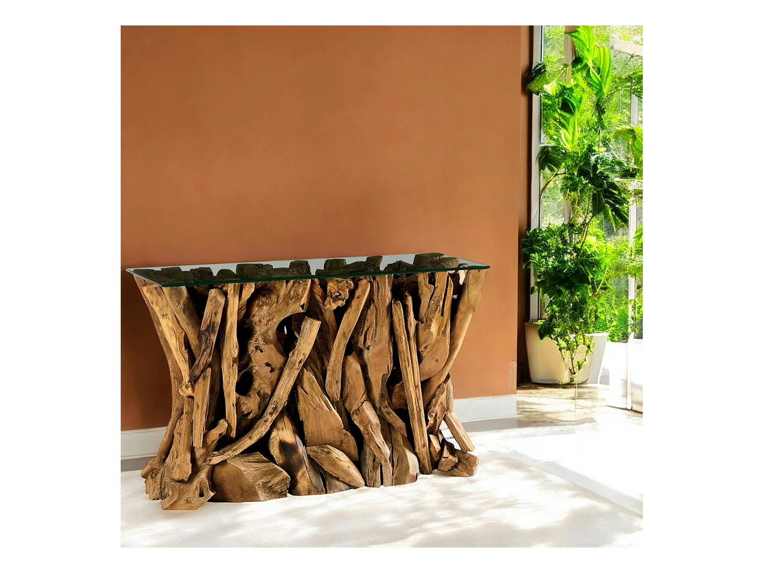 Console plateau en verre sur racine de teck ARIZONA