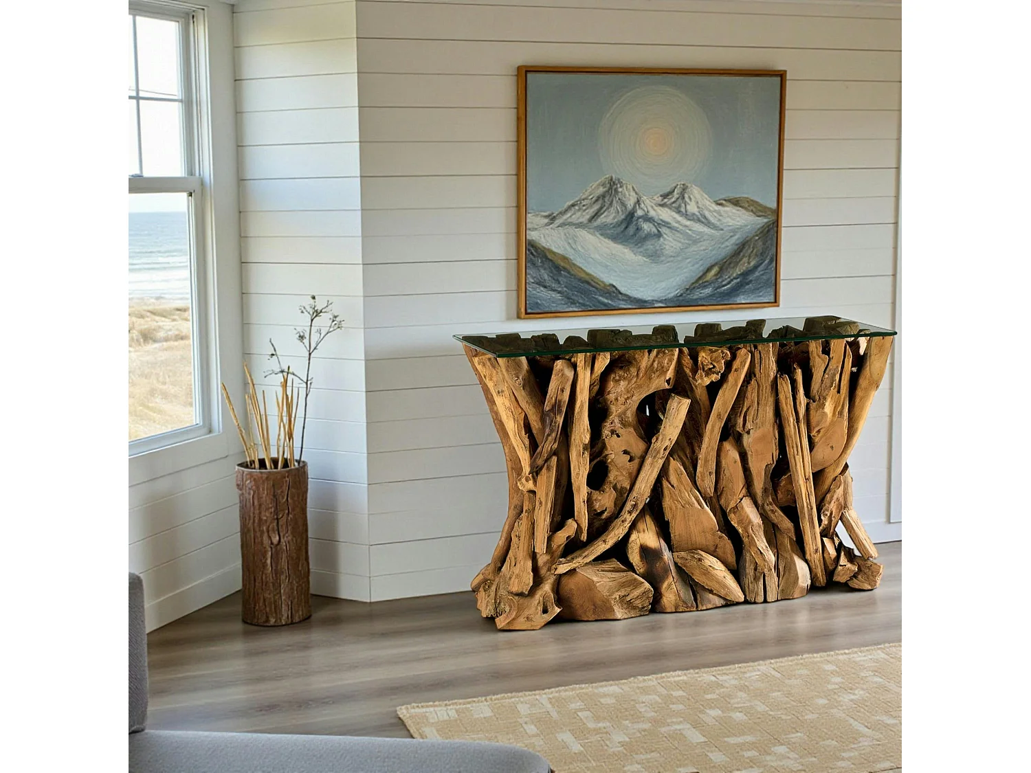 Console plateau en verre sur racine de teck ARIZONA