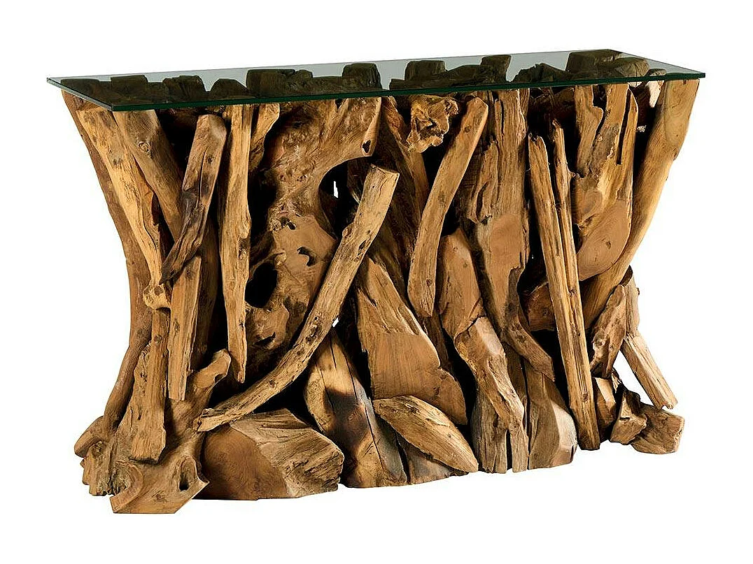 Console plateau en verre sur racine de teck ARIZONA