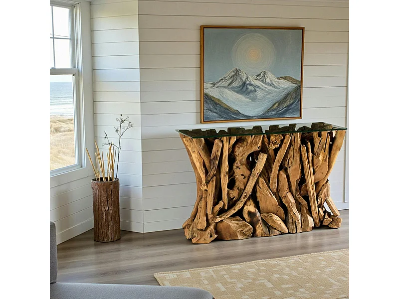 Console plateau en verre sur racine de teck ARIZONA