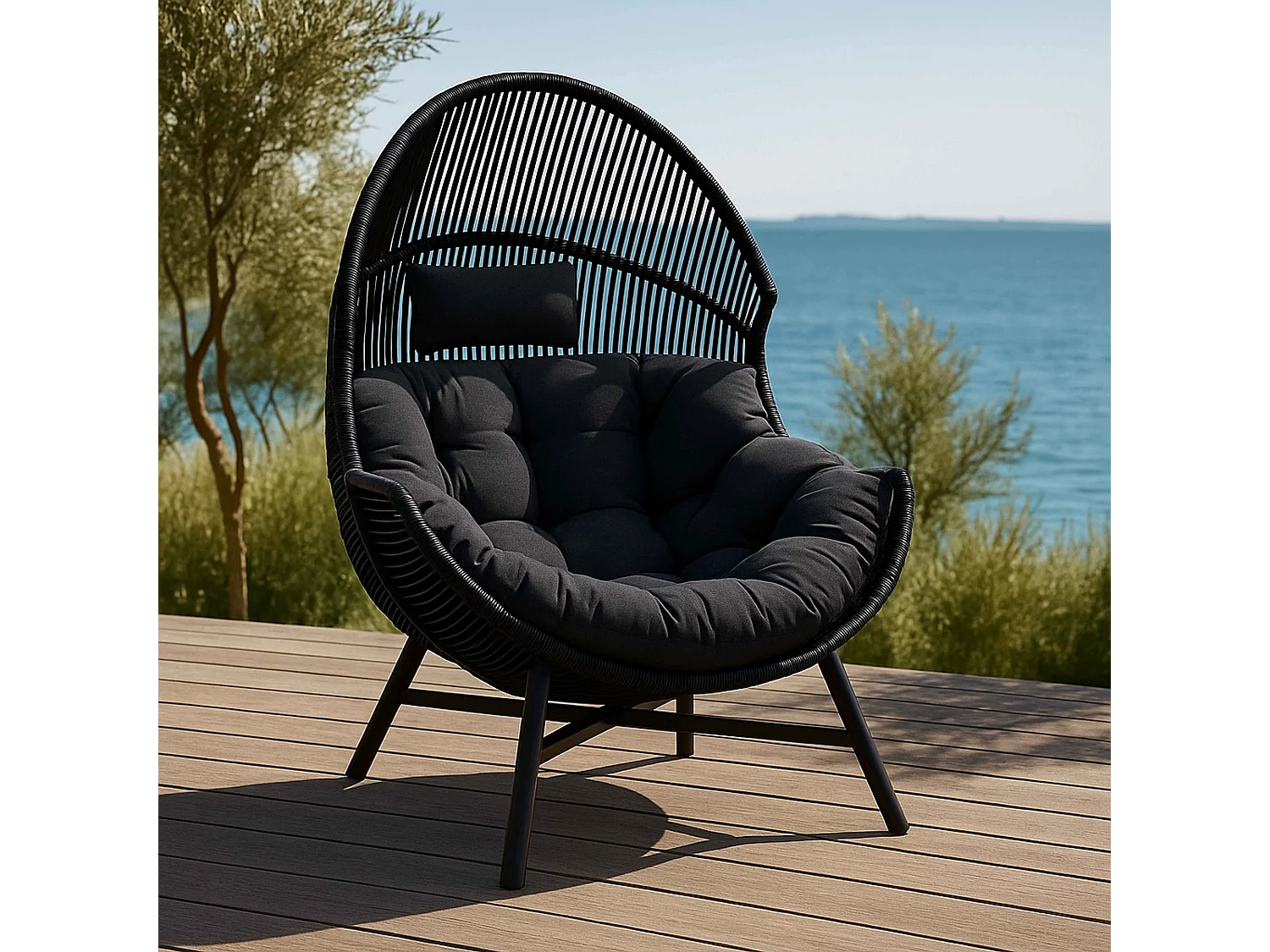 Fauteuil de jardin oeuf sur pied en rotin synthétique 142 cm noir