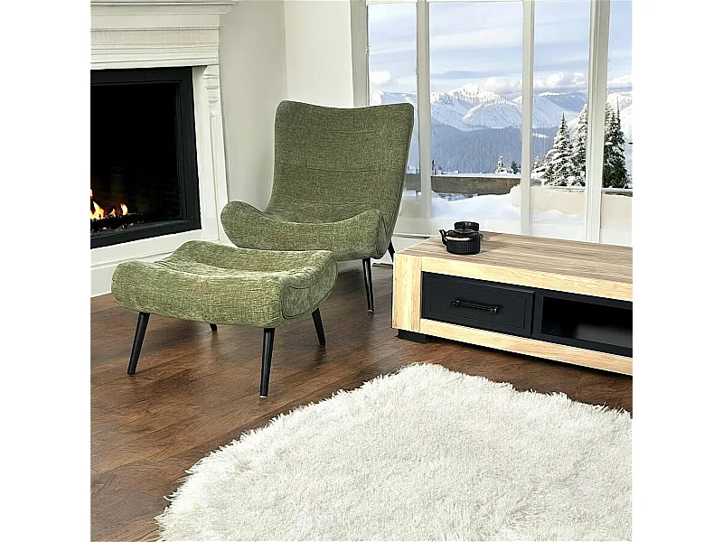 Fauteuil et pouf assortis tissu vert MALMOE