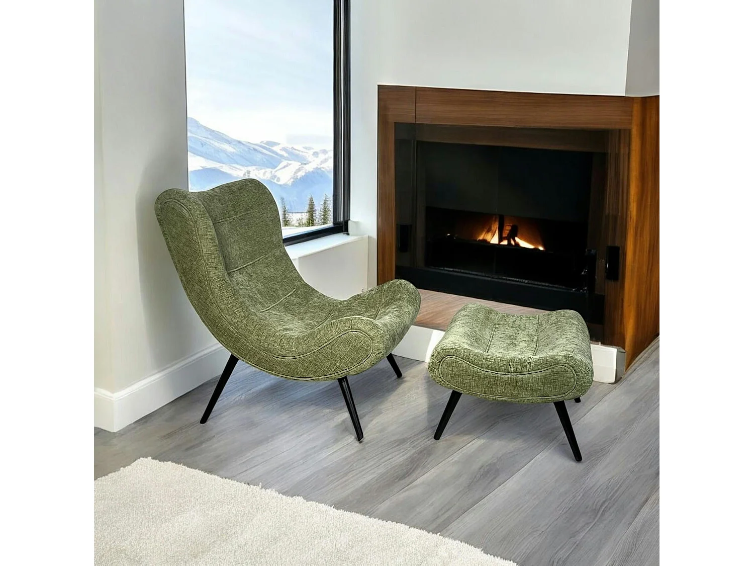 Fauteuil et pouf assortis tissu vert MALMOE