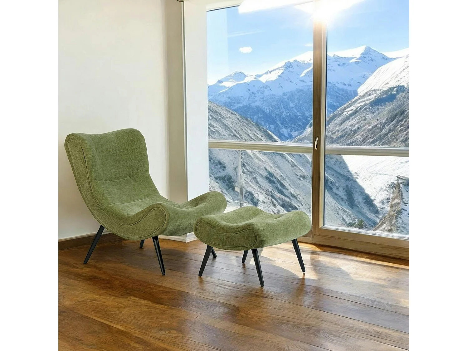 Fauteuil et pouf assortis tissu vert MALMOE