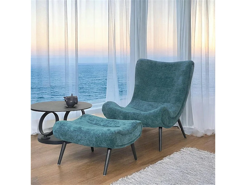 Fauteuil et pouf assortis tissu bleu pétrole MALMOE
