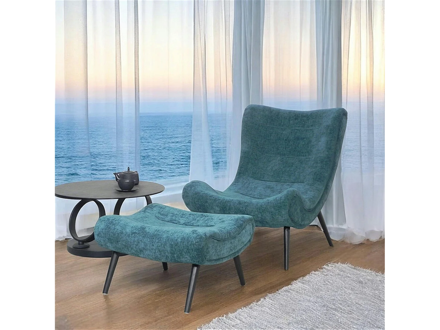 Fauteuil et pouf assortis tissu bleu pétrole MALMOE