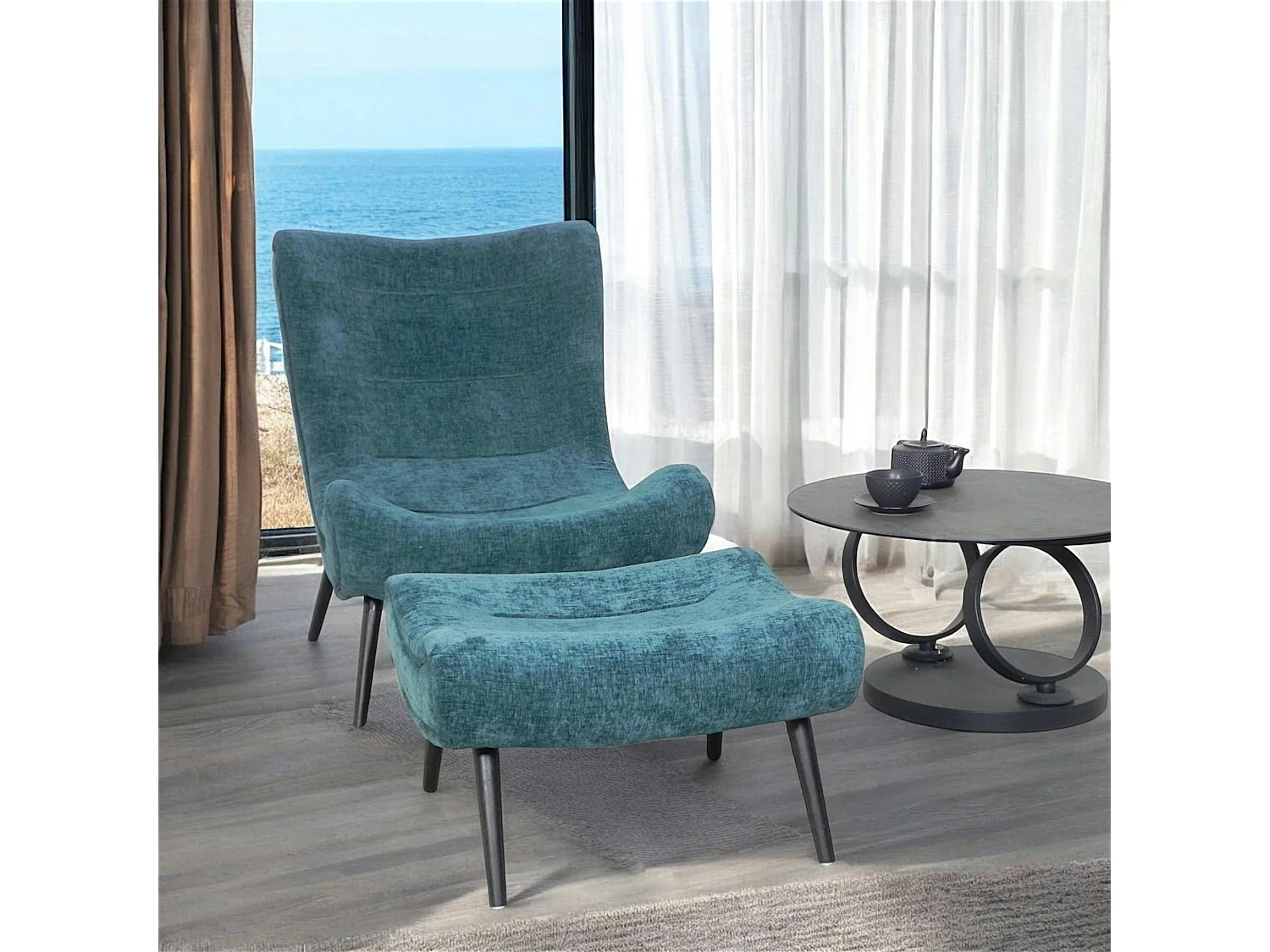 Fauteuil et pouf assortis tissu bleu pétrole MALMOE