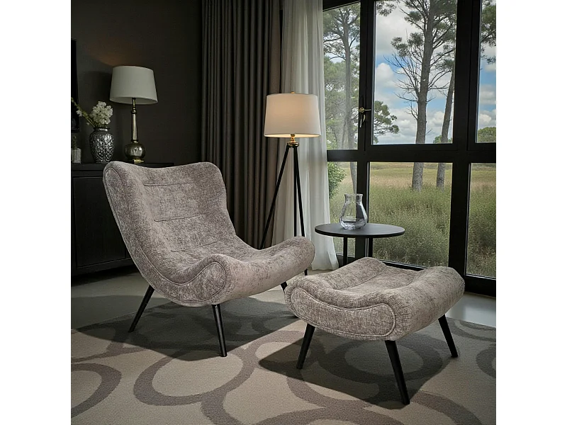 Fauteuil et pouf assortis tissu gris MALMOE