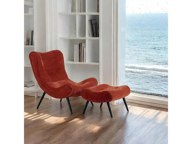 Fauteuil et pouf assortis tissu terracotta MALMOE