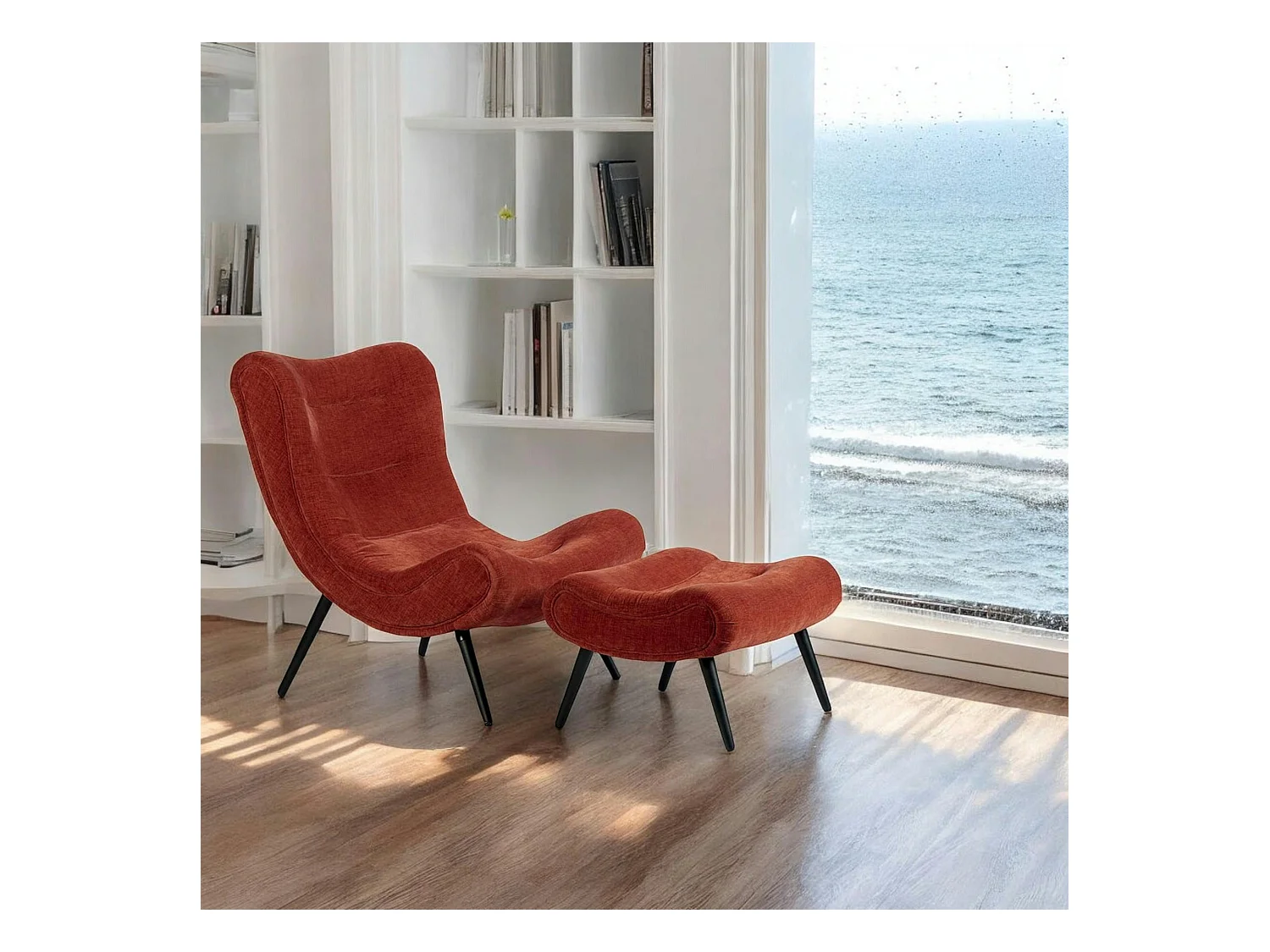 Fauteuil et pouf assortis tissu terracotta MALMOE