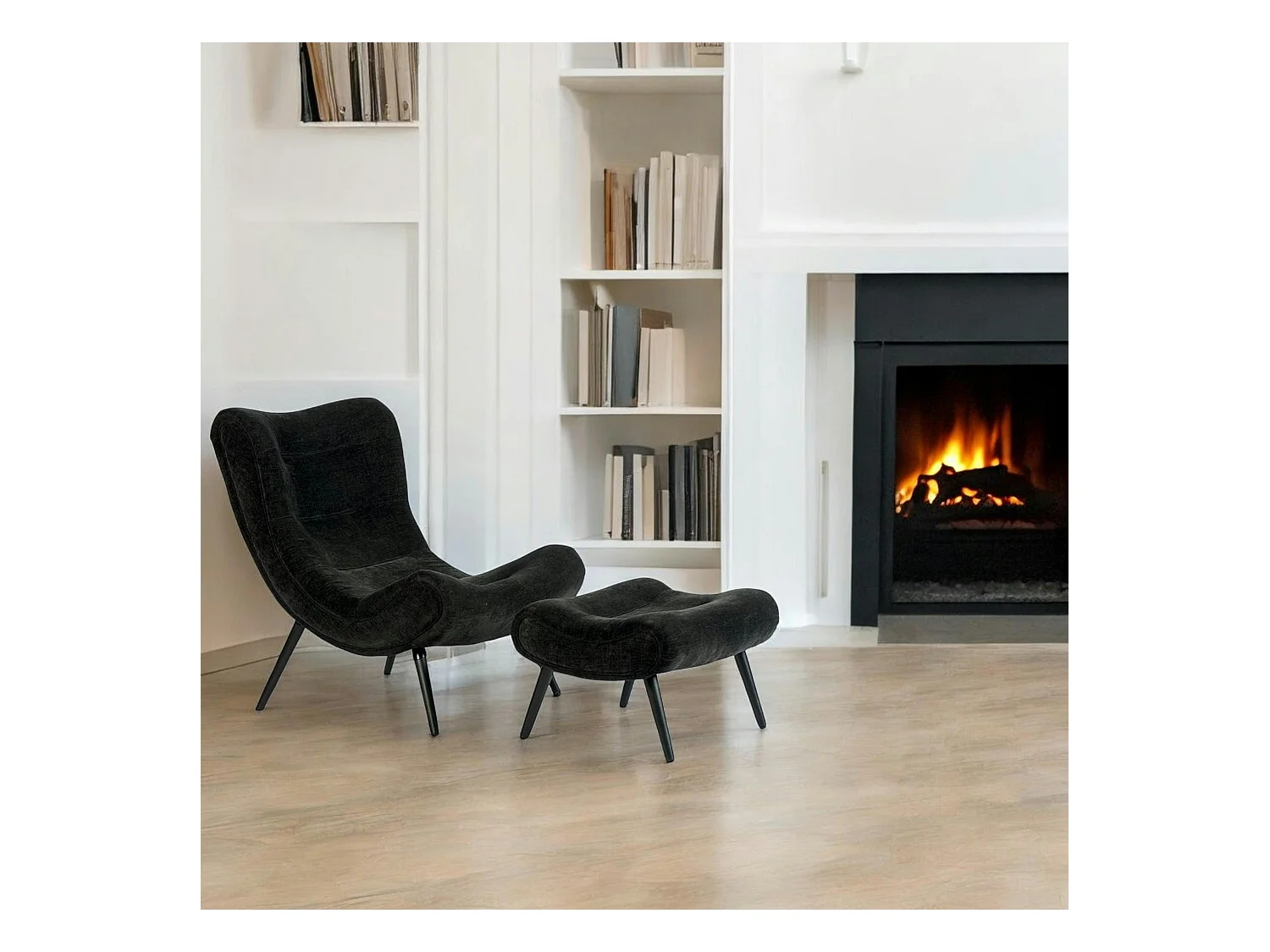 Fauteuil et pouf assortis tissu noir MALMOE