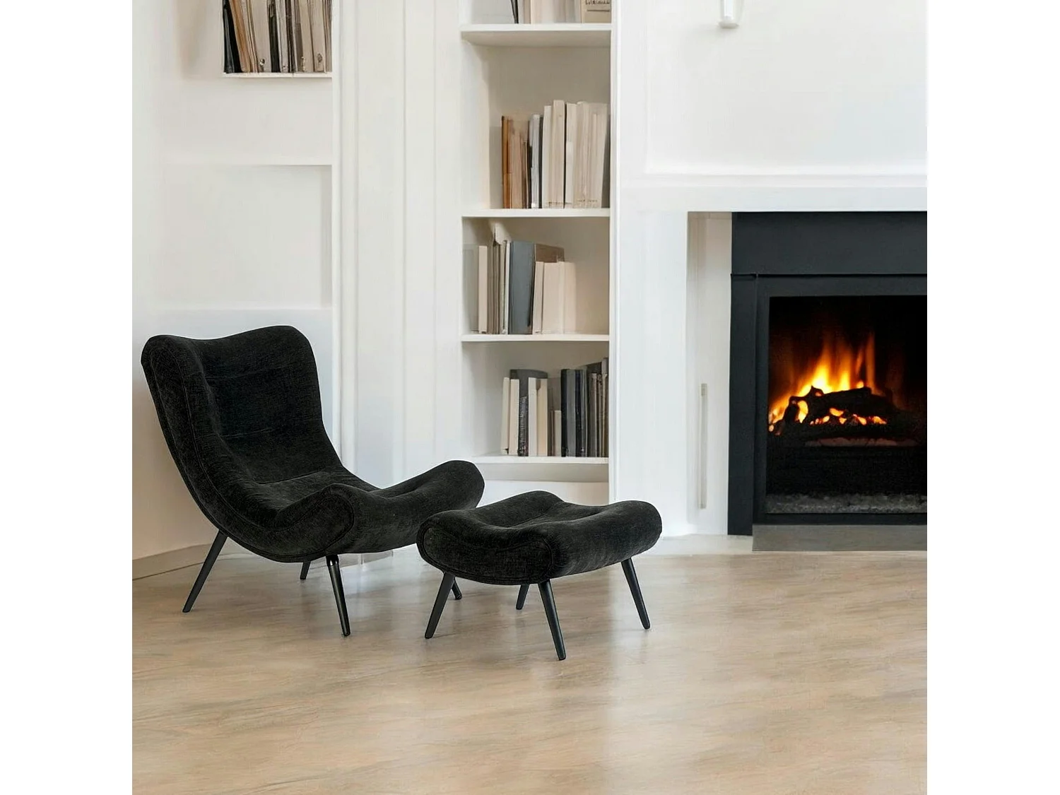 Fauteuil et pouf assortis tissu noir MALMOE