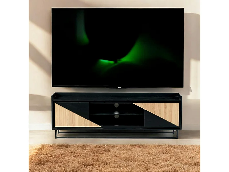 Meuble TV 2 portes bois noir et blanc ANINA