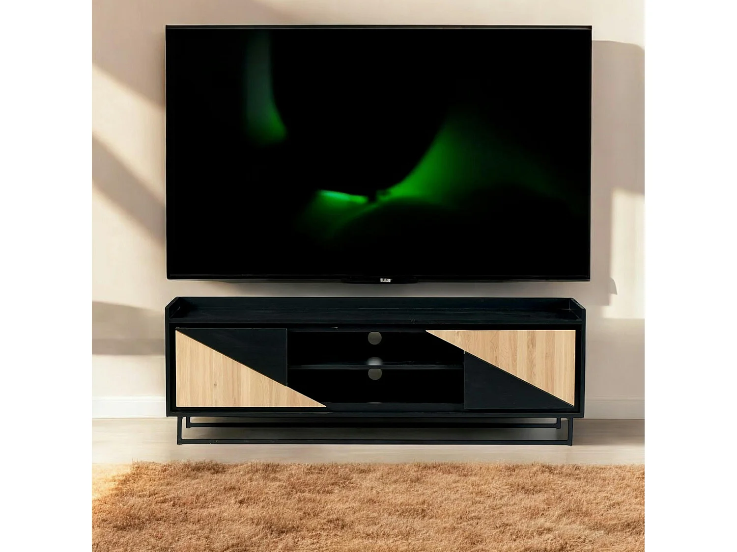 Meuble TV 2 portes bois noir et blanc ANINA