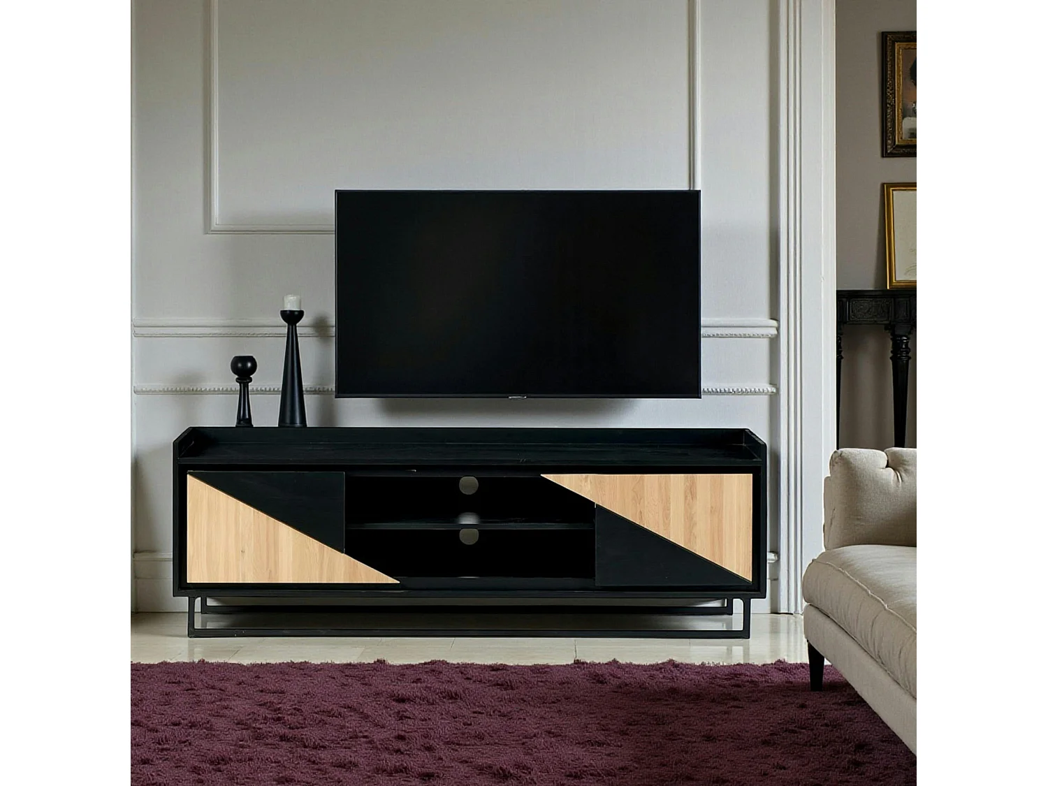 Meuble TV 2 portes bois noir et blanc ANINA