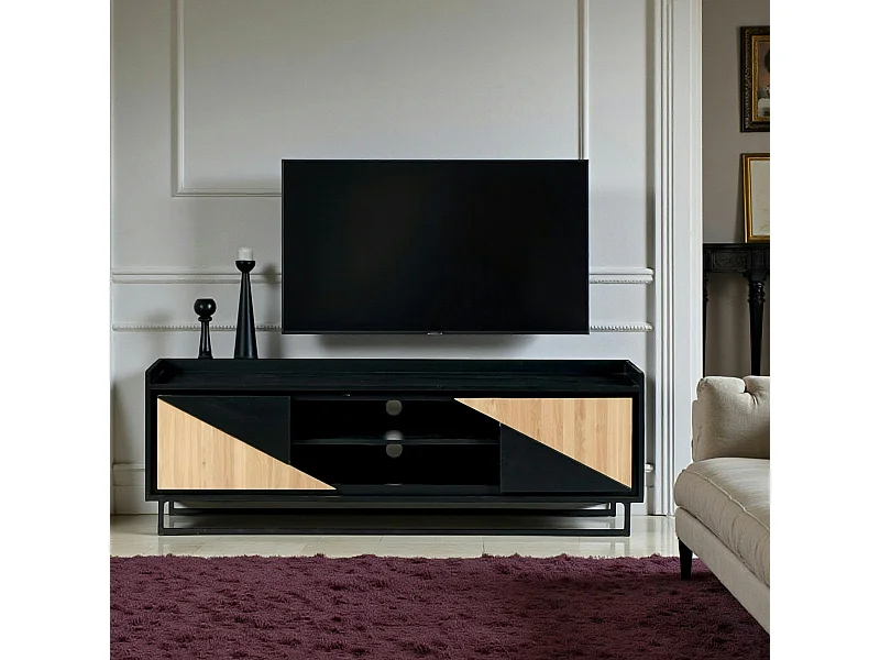 Meuble TV 2 portes bois noir et blanc ANINA