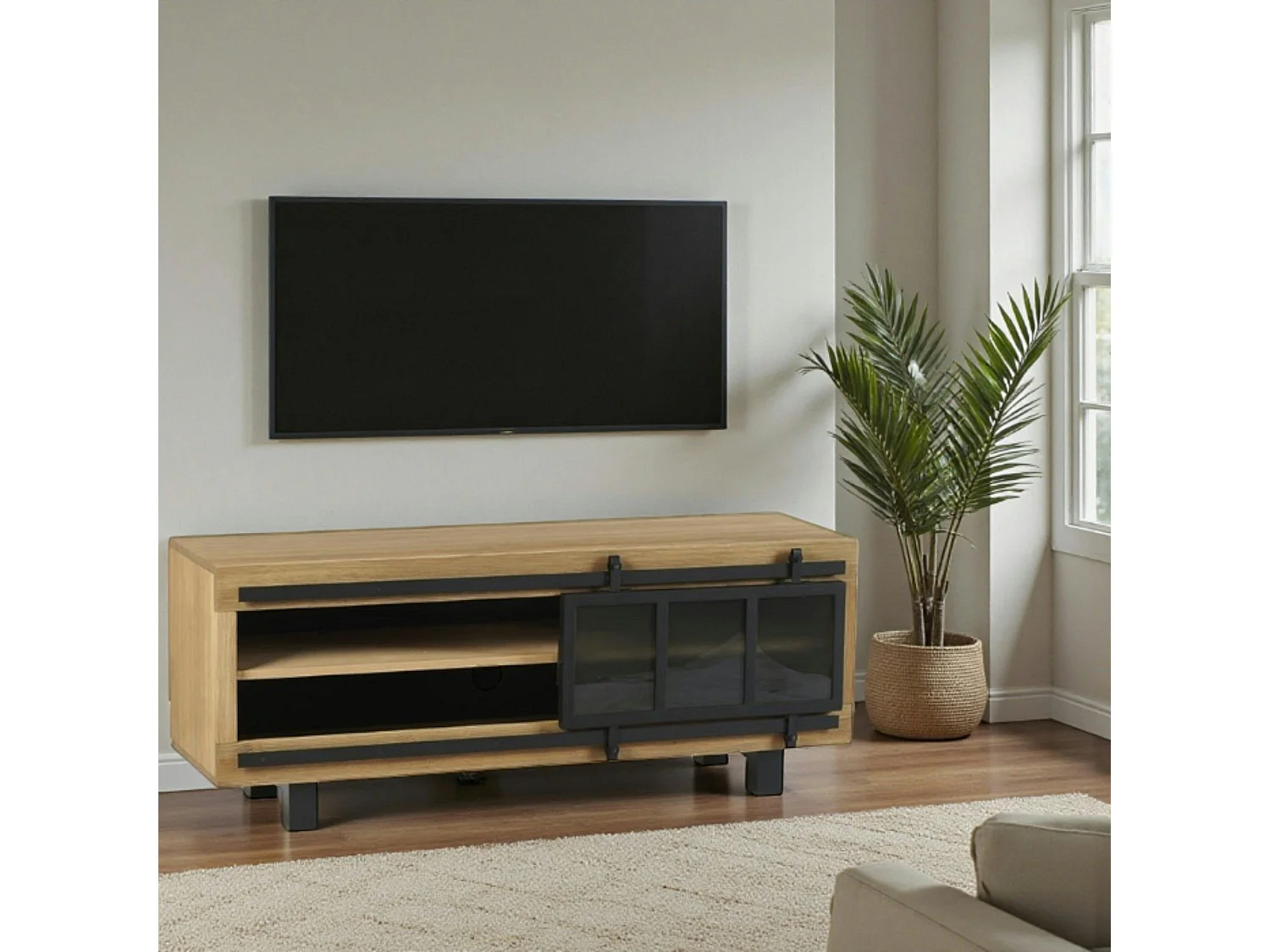 Meuble TV pin brossé porte coulissante IASI