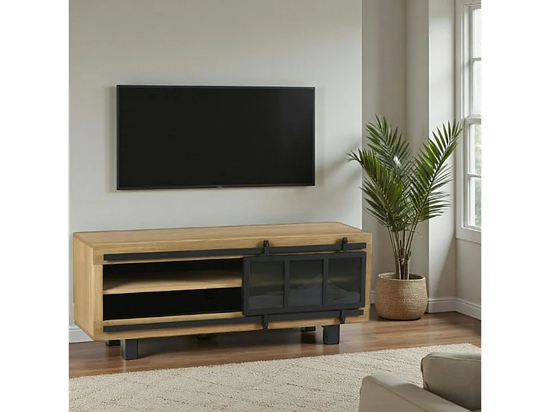 Meuble TV pin brossé porte coulissante IASI