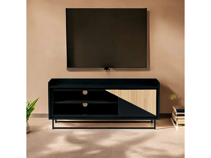 Meuble TV 1 porte bois noir et blanc ANINA