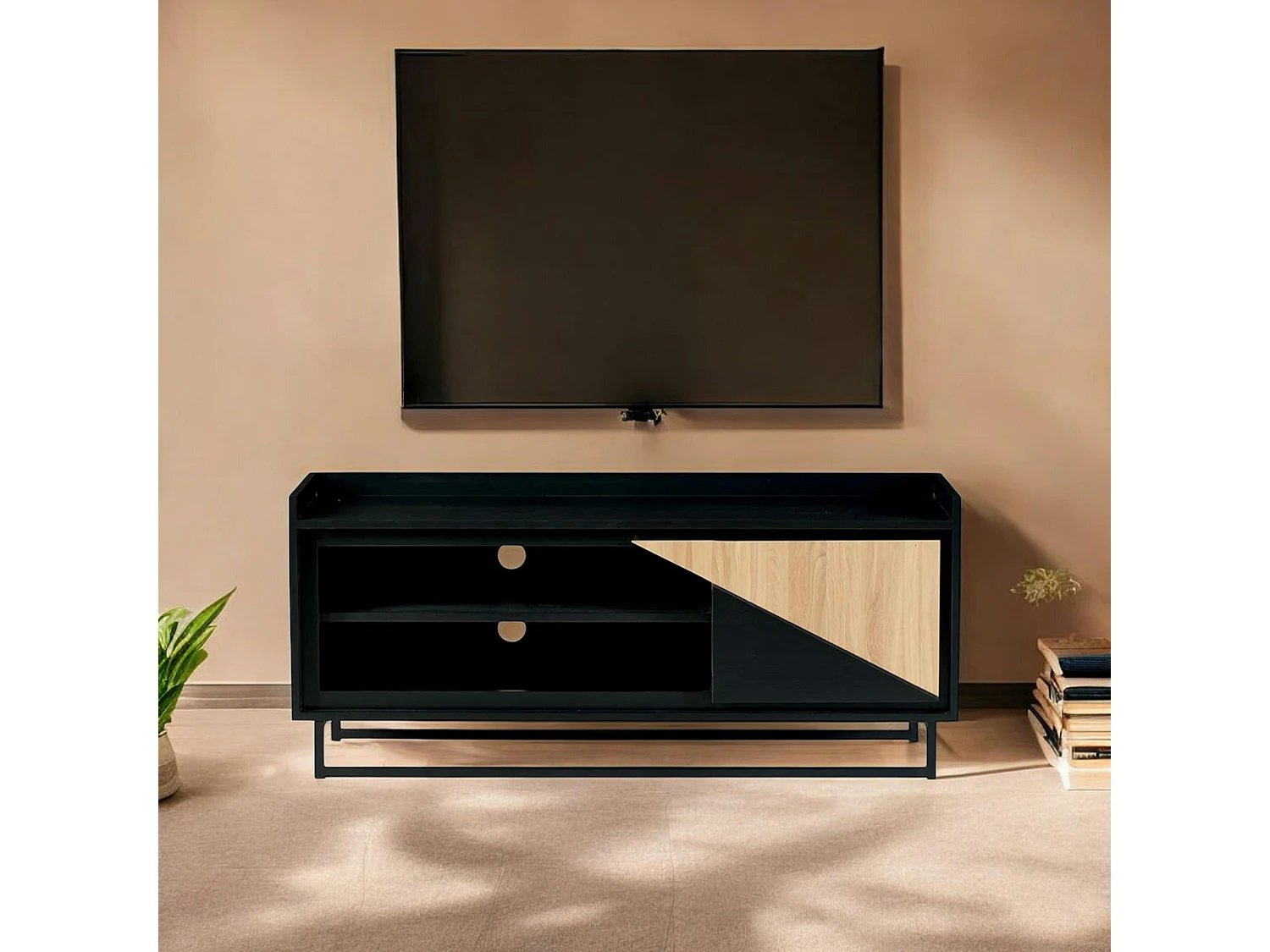 Meuble TV 1 porte bois noir et blanc ANINA