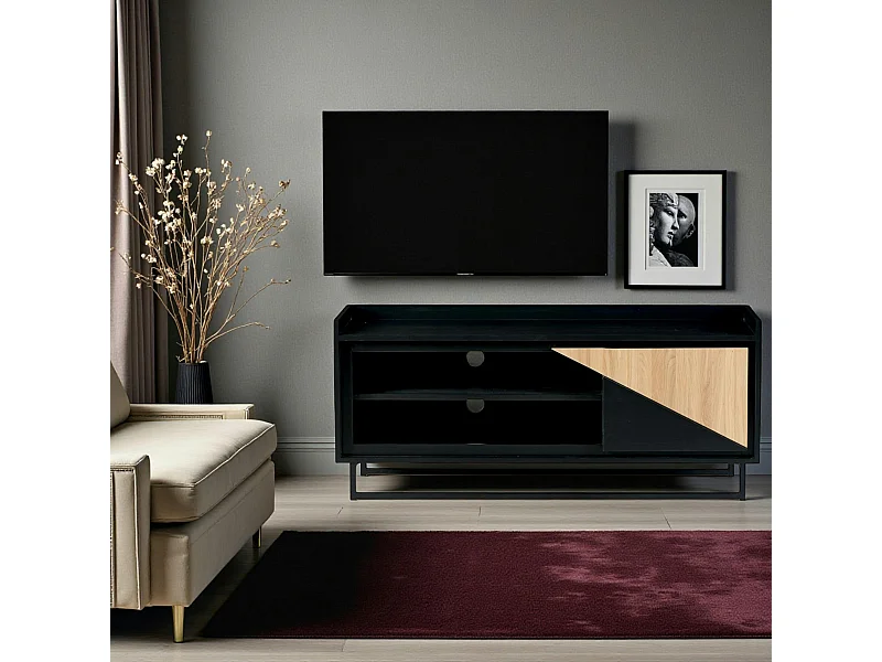 Meuble TV 1 porte bois noir et blanc ANINA