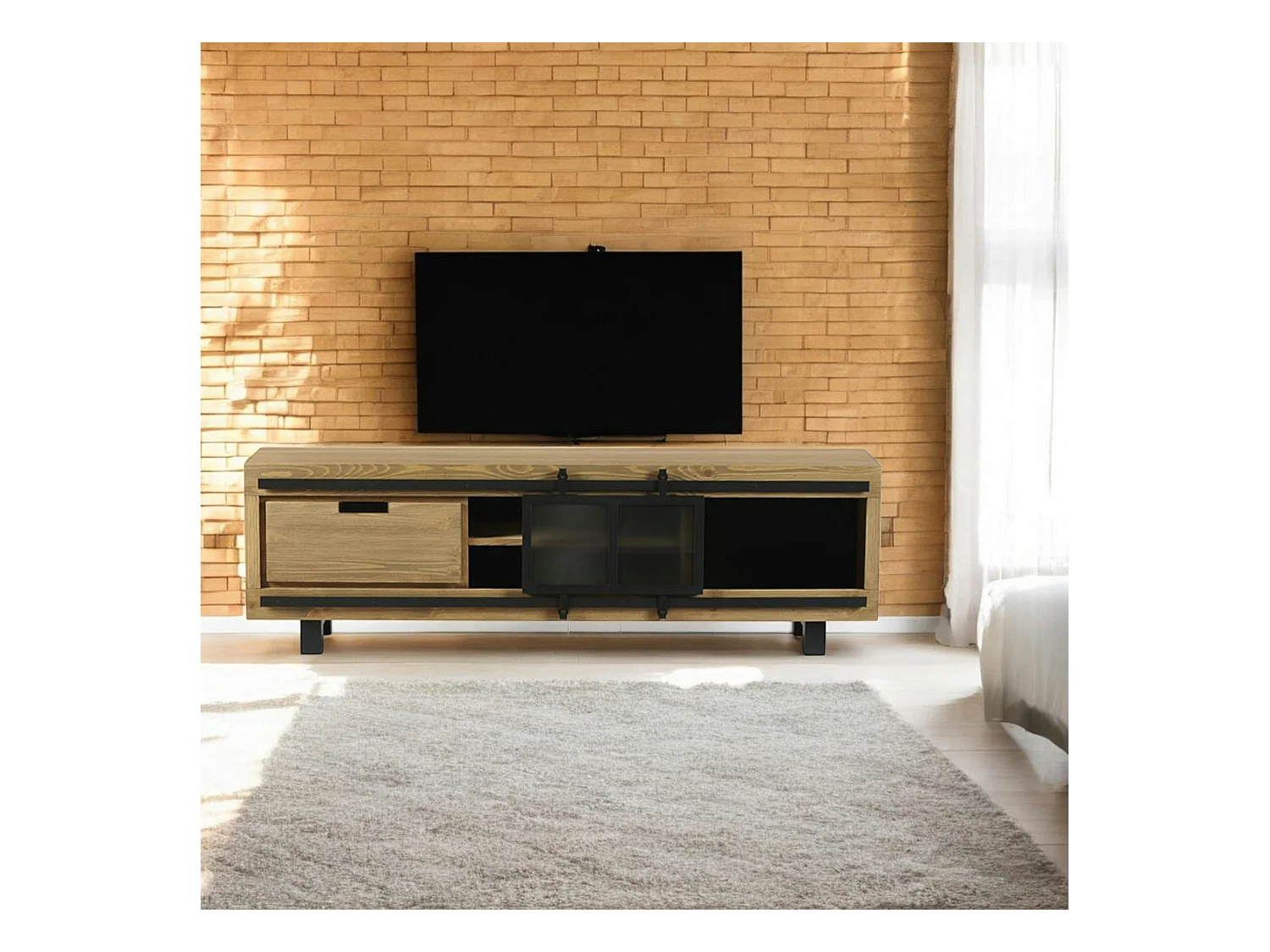 Meuble TV pin brossé porte coulissante 1 tiroir IASI