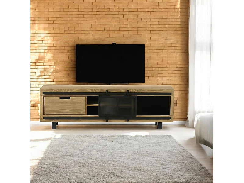 Meuble TV pin brossé porte coulissante 1 tiroir IASI