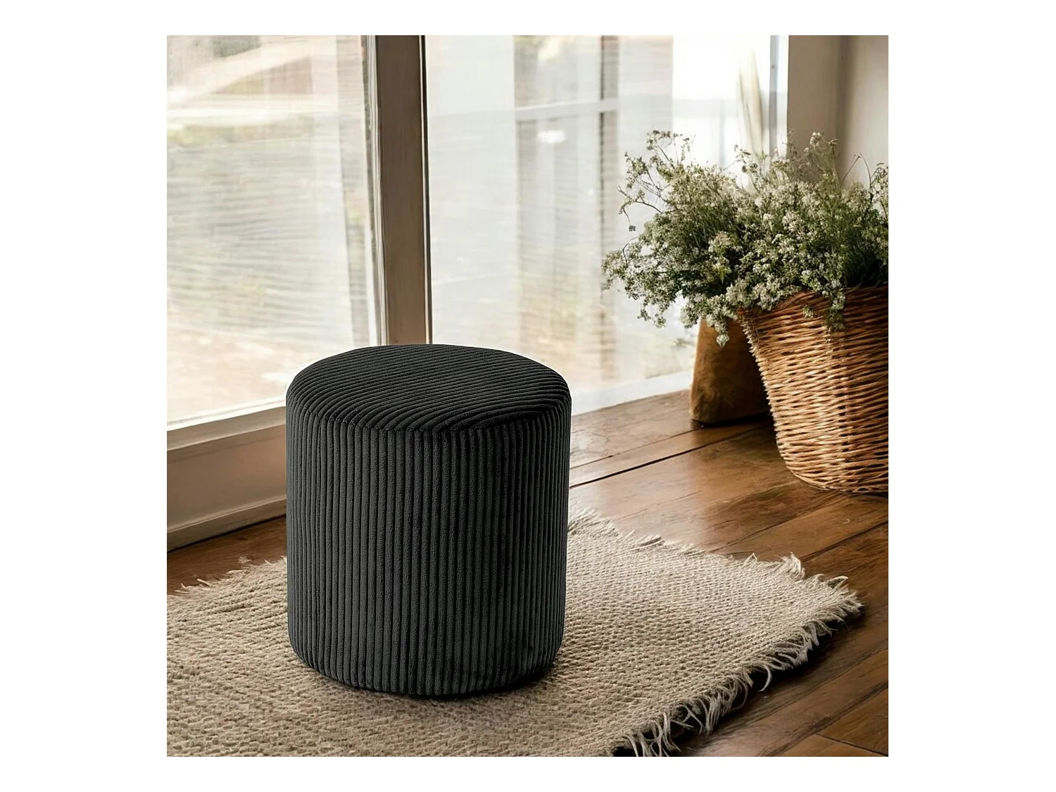 Pouf rond velours côtelé noir (lot de 2) MALMOE