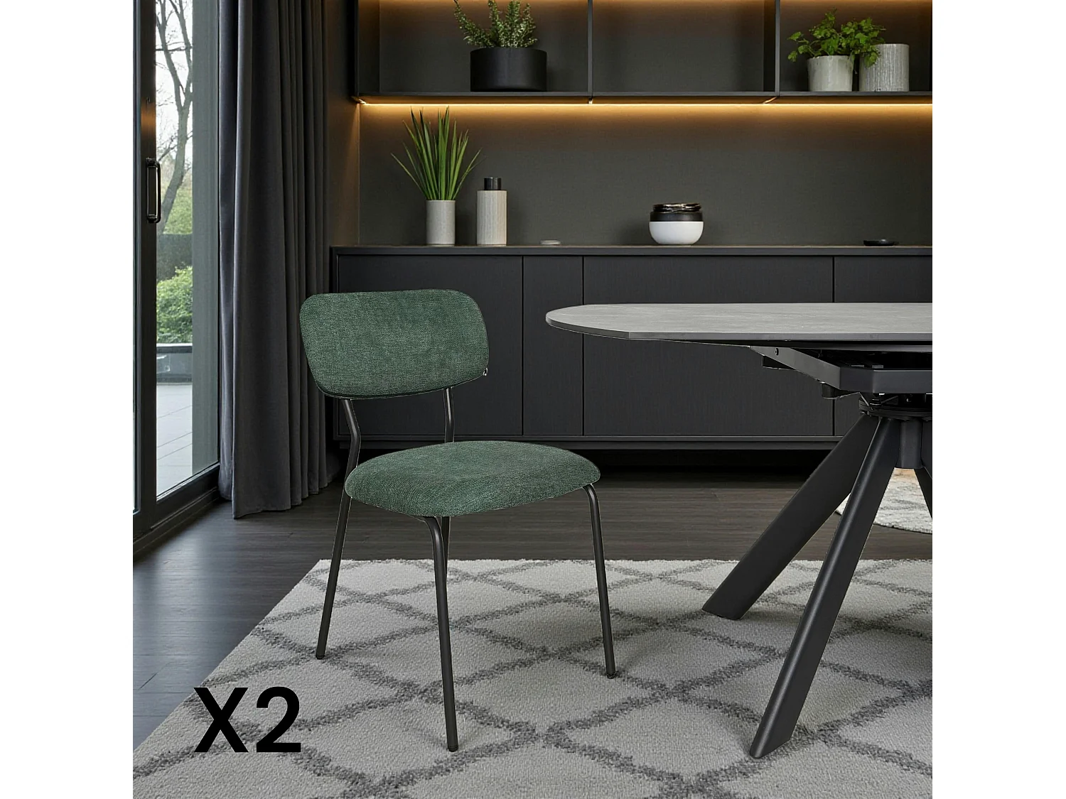 Chaise tissu vert foncé style écolier (lot de 2) MALANG