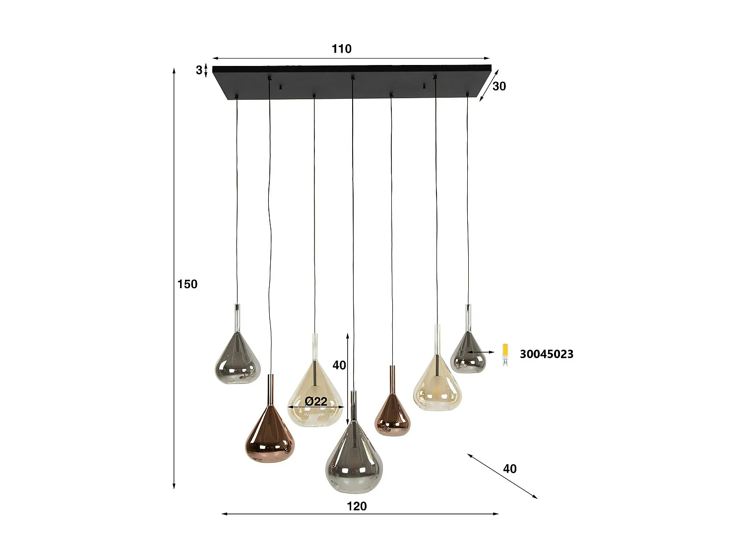 Suspension en verres assortis forme goutte 7 abat-jour NIAGARA