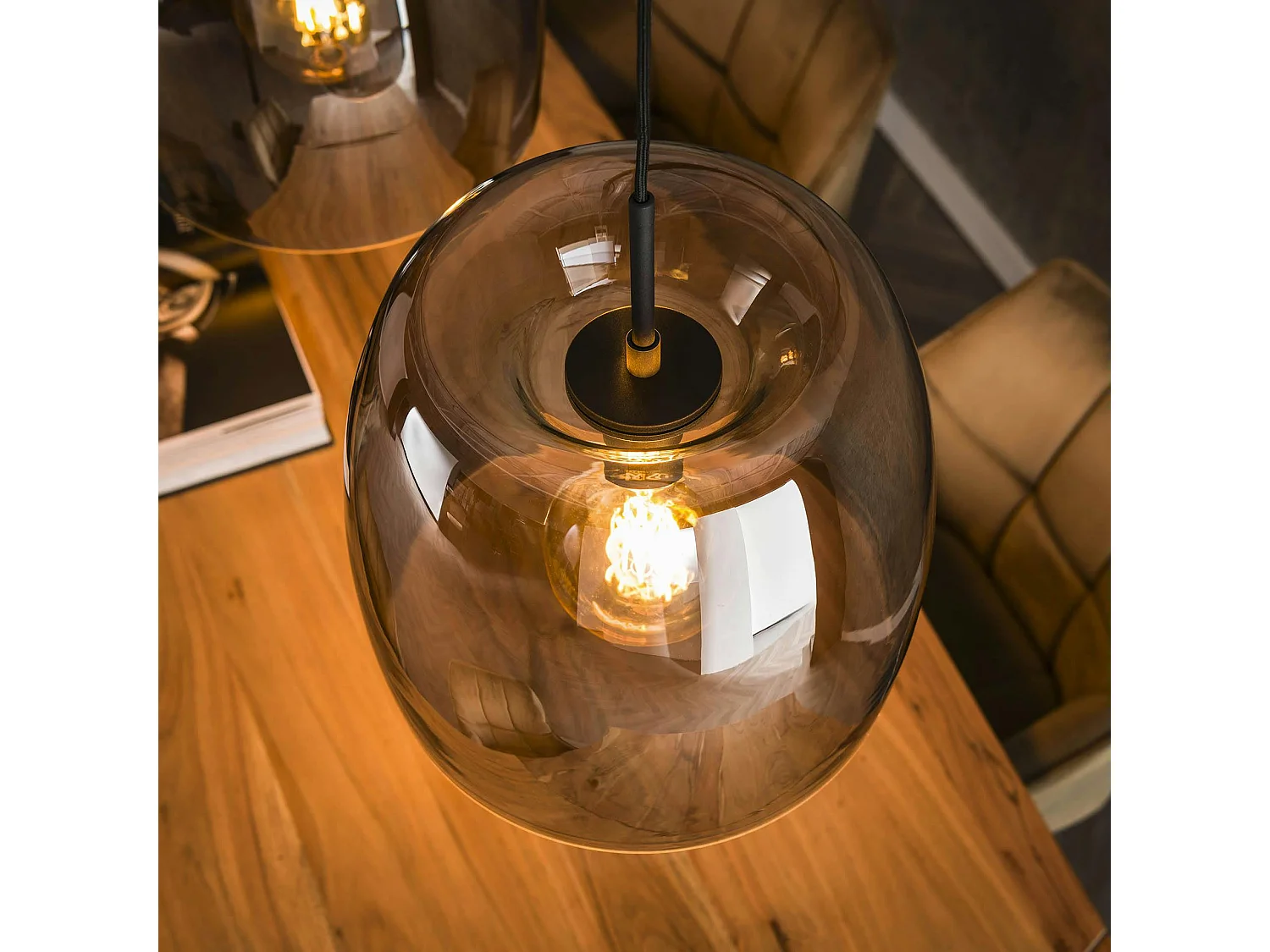 Suspension de table à manger en verre fumé forme cloche 3 abat-jour NIAGARA