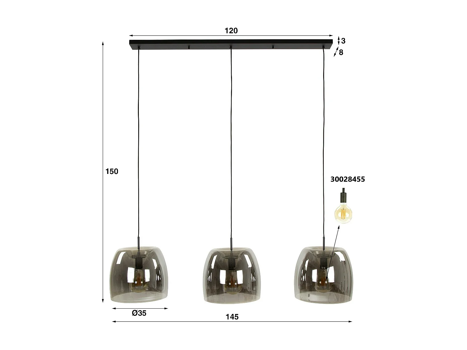 Suspension de table à manger en verre fumé forme cloche 3 abat-jour NIAGARA