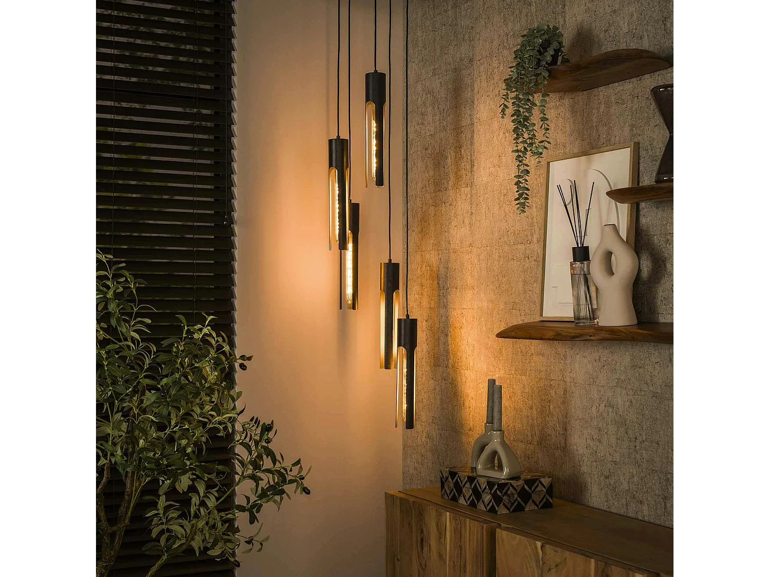 Suspension noire 5 abat-jour forme tube RALF