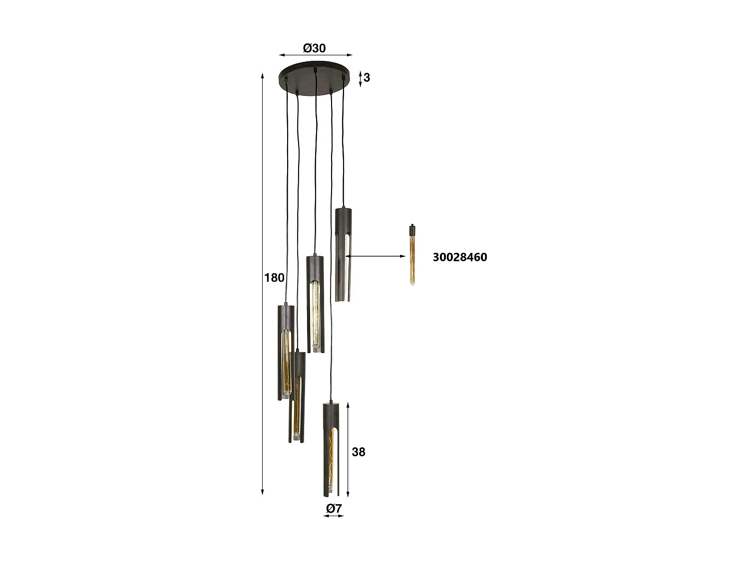 Suspension noire 5 abat-jour forme tube RALF