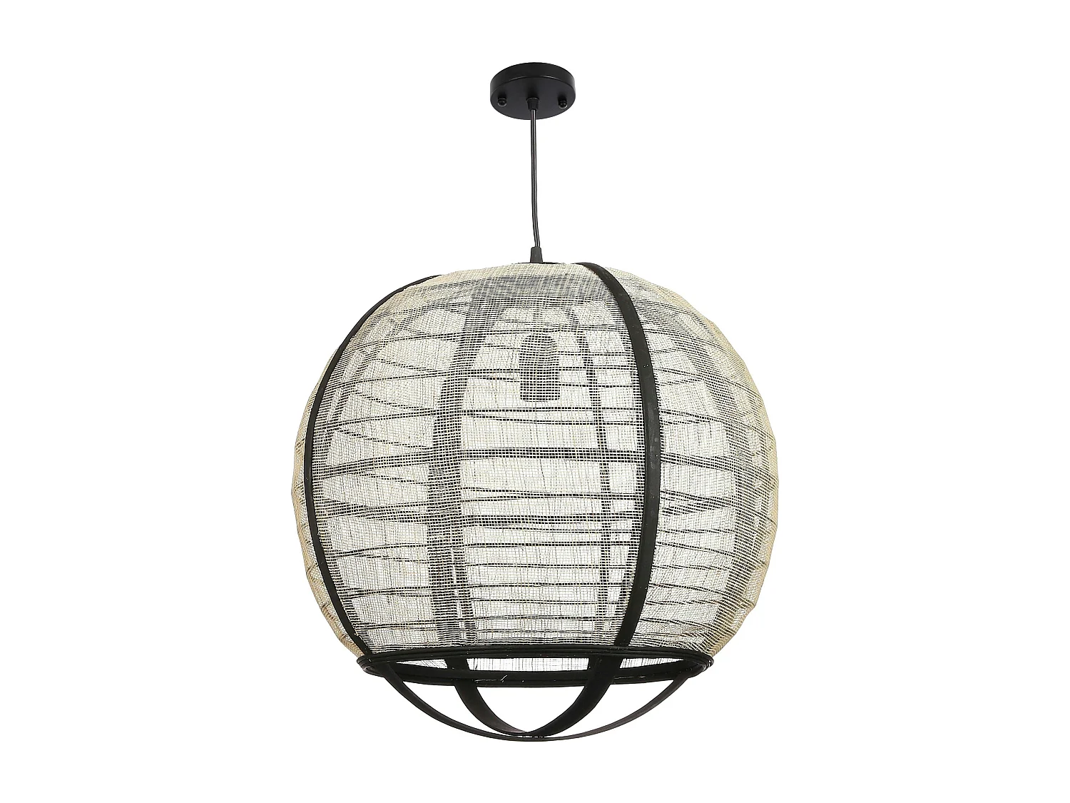 Lampe boule noire rotin et tissu