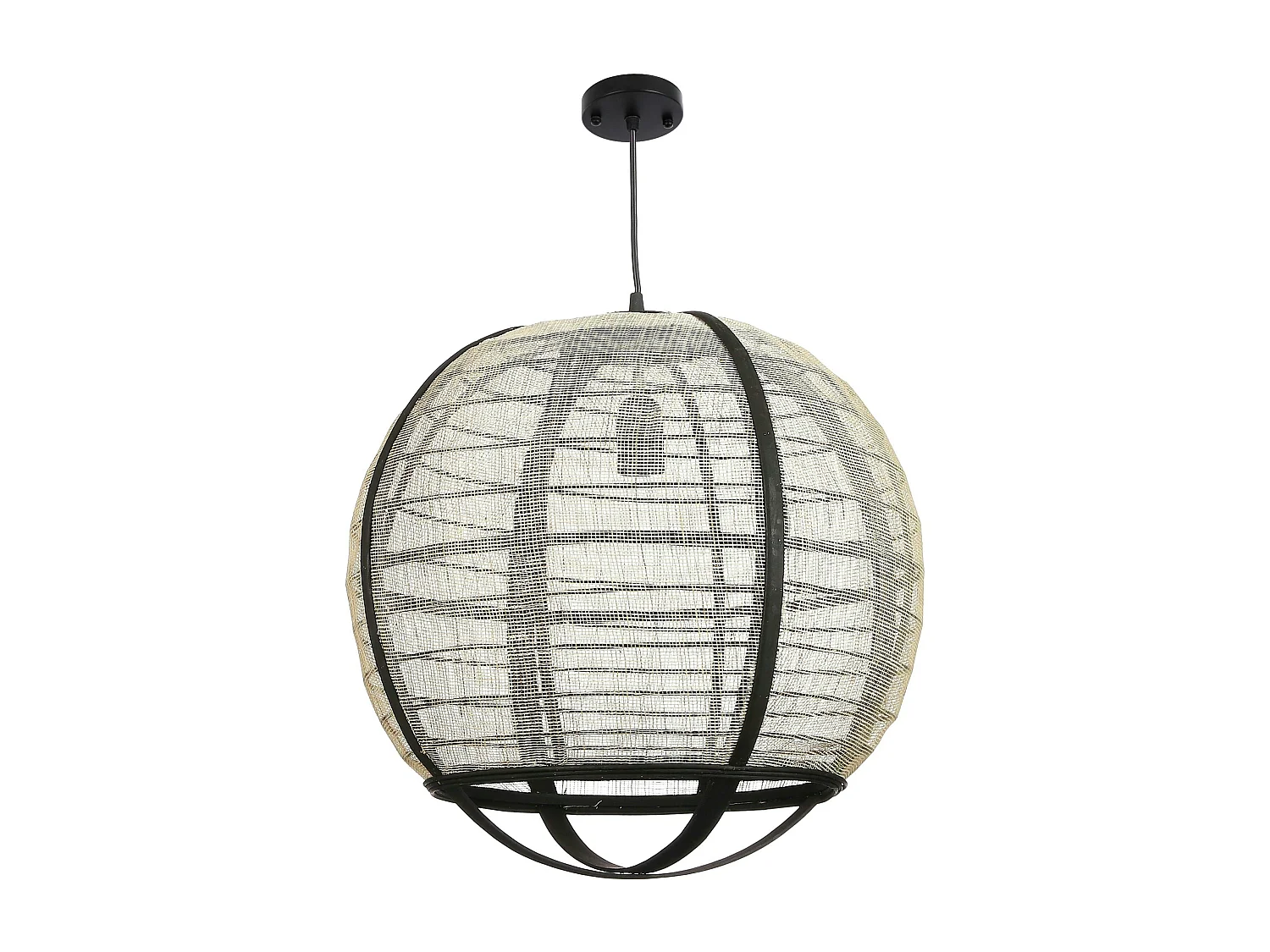 Lampe boule noire rotin et tissu