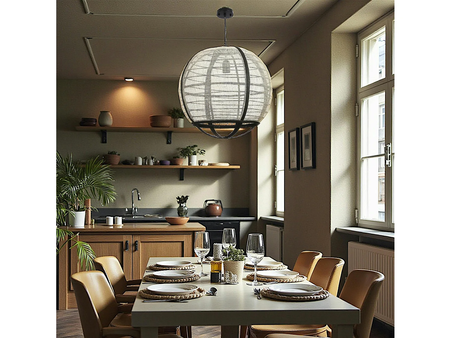 Lampe boule noire rotin et tissu