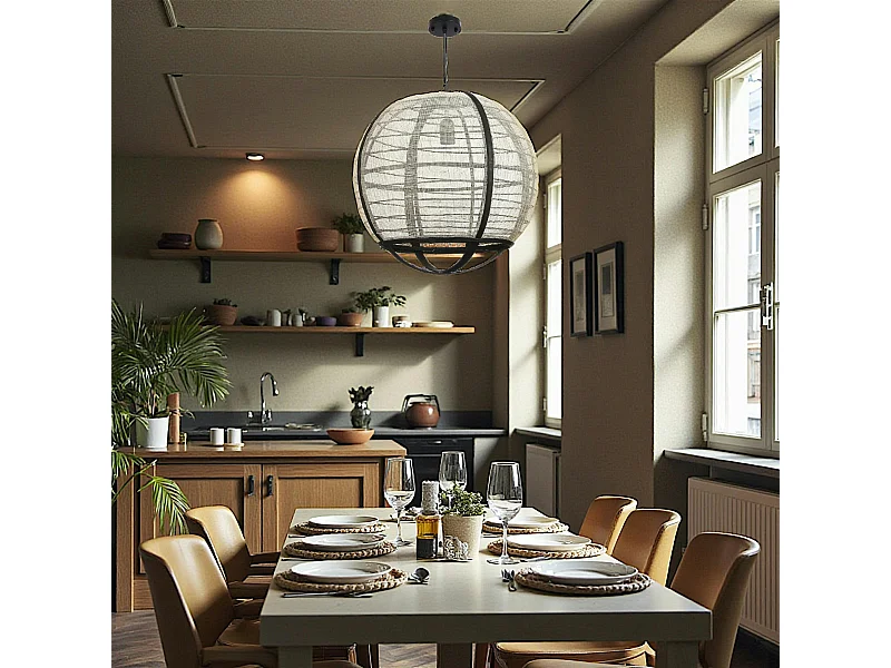 Lampe boule noire rotin et tissu