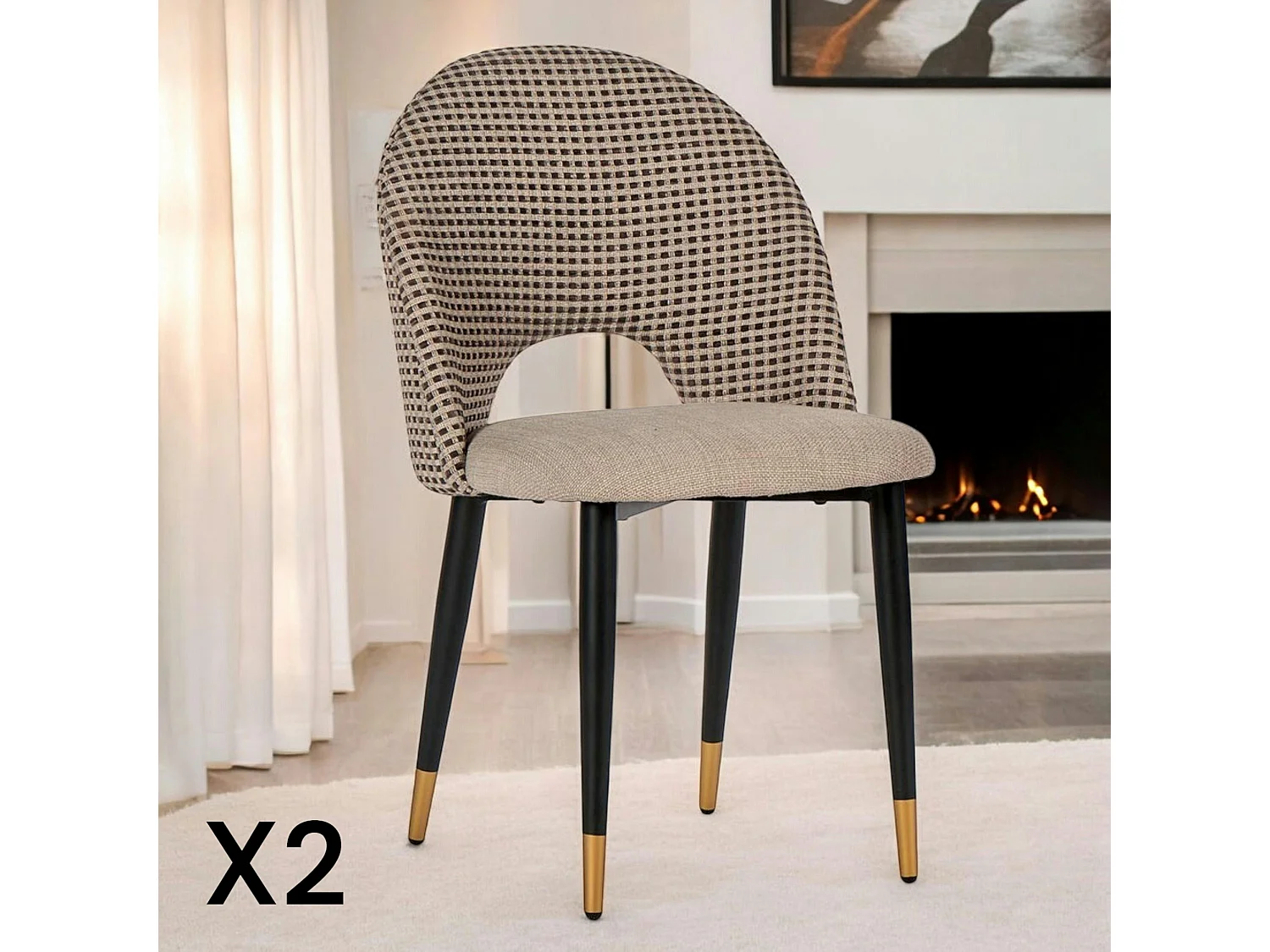 Chaise salle à manger tissu quadrillé taupe (lot de 2) MALMOE