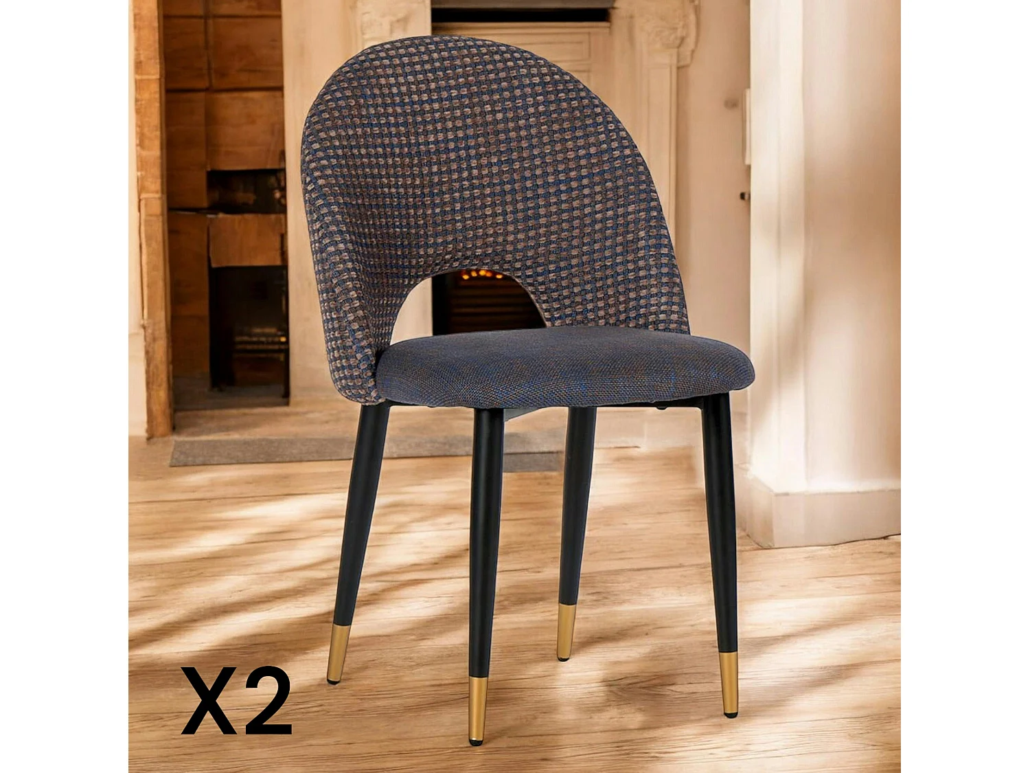 Chaise salle à manger tissu quadrillé bleu foncé (lot de 2) MALMOE