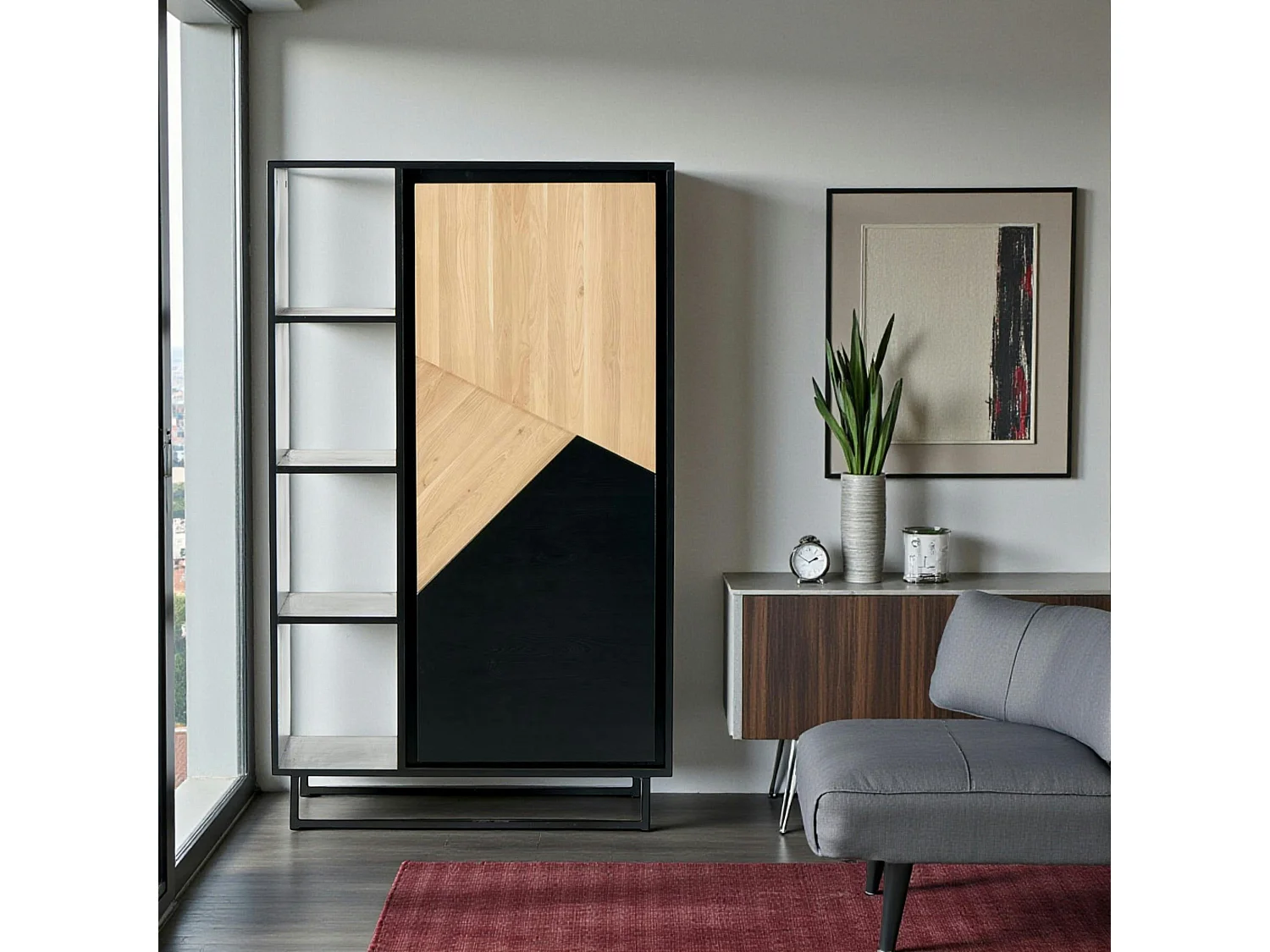 Bibliothèque 1 porte bois noir et blanc ANINA