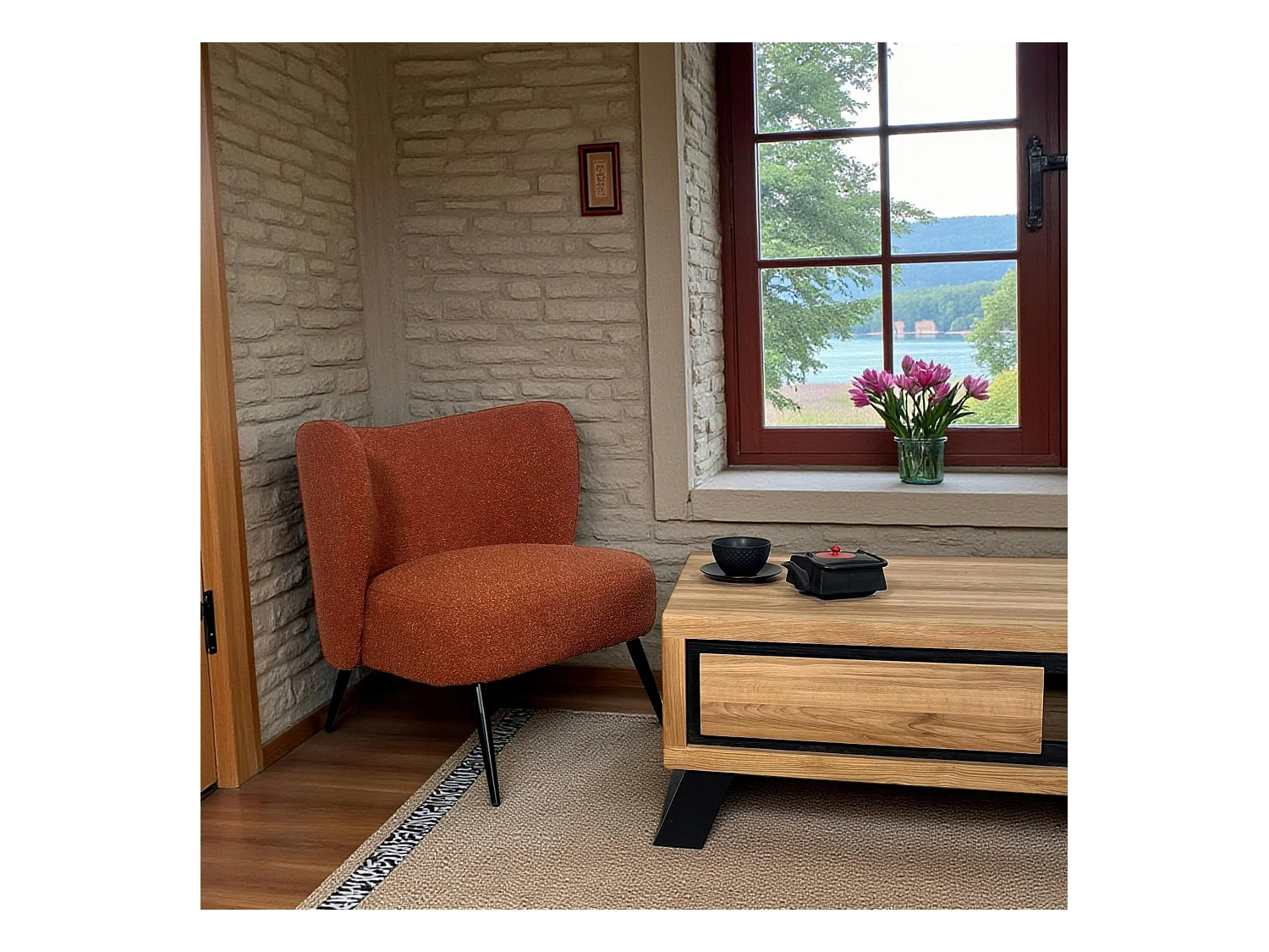 Fauteuil tissu terracotta bouclé MALMOE