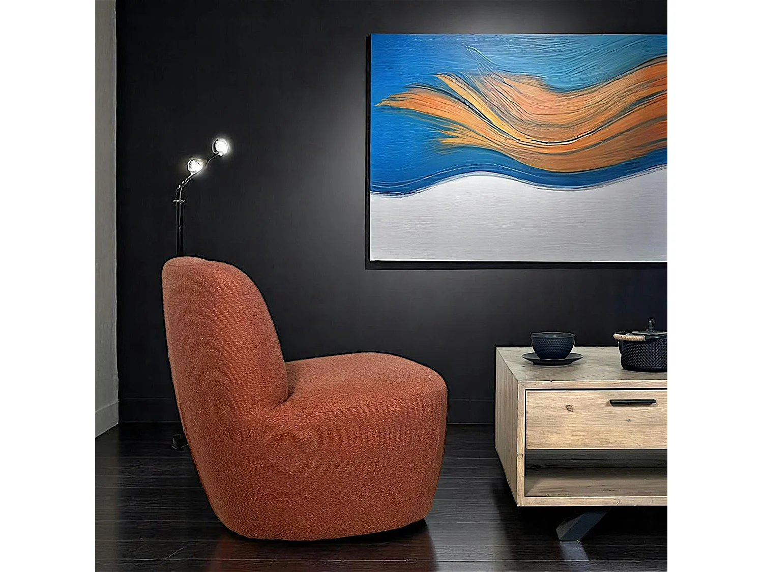 Fauteuil arrondi tissu bouclettes terracotta MALMOE