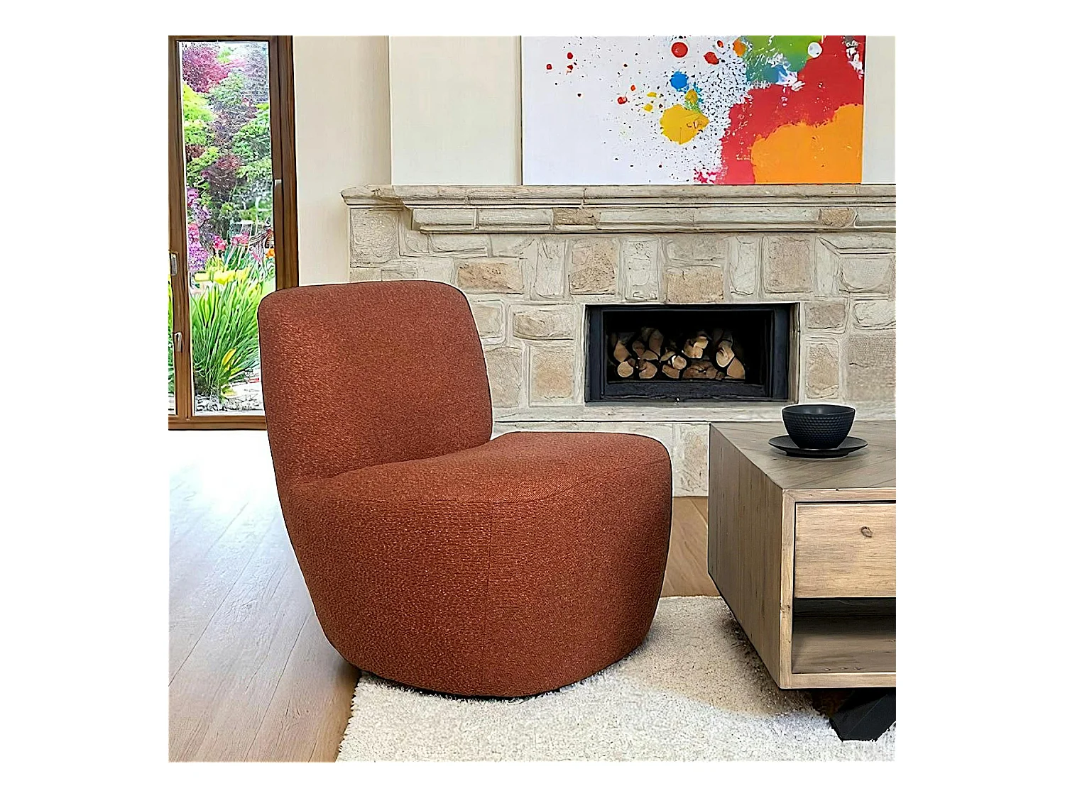 Fauteuil arrondi tissu bouclettes terracotta MALMOE