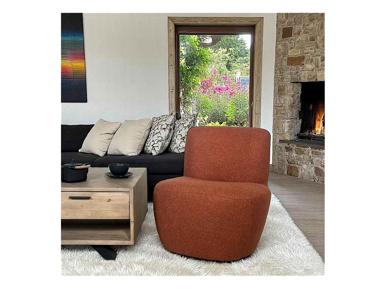 Fauteuil arrondi tissu bouclettes terracotta MALMOE